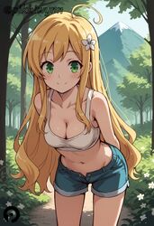  ahoge ai_generated arms_behind_back bare_shoulders blonde_hair blue_shorts blush breasts cleavage closed_mouth collarbone cowboy_shot crop_top day denim denim_shorts female flower forest green_eyes hair_flower hair_ornament isekai_wa_smartphone_to_tomo_ni. leaning_forward long_hair looking_at_viewer medium_breasts midriff nature navel open_fly outdoors pikkiwynn short_shorts shorts sleeveless smile solo soucie_elnea_ortlinde standing stomach tank_top thighs tree very_long_hair 