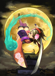  armor brown_eyes brown_hair chuppa_(katotsuba) comb commentary_request female flower full_moon hair_flower hair_ornament hitodama izuna_jinkuro japanese_clothes katana kimono looking_back momohime moon night oboro_muramasa photoshop_(medium) ponytail short_kimono sky solo sword thighhighs weapon 