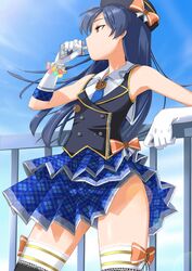  armpits black_hair blue_hair bow bracelet brown_eyes commentary_request coolish drinking elbow_gloves female gloves hat headgear idolmaster idolmaster_(classic) idolmaster_2 jewelry juice_box kisaragi_chihaya lens_flare long_hair necktie pouch railing schoolish_girl_(idolmaster) skirt solo sugar_(sugarless) thighhighs white_gloves 