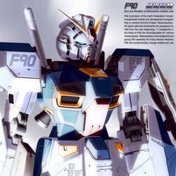  armor blue_eyes commentary_request english_text f90_gundam grey_background gundam gundam_f90 mecha no_humans realistic robot simple_background solo text_focus upper_body yamarata 