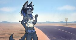  1_eye 2017 adolescent anthro black_hair bottomwear breasts canid canine clothing denim denim_clothing desert digital_media_(artwork) female fox fur gesture grey_body grey_eyes grey_fur hair hand_gesture heart_symbol hitchhiking long_hair looking_at_viewer mammal midriff nipple_outline one_eye_closed ratcha road scar shaded shirt shorts side_boob sky solo tank_top thumbs_up topwear v-cut vixenchan wink young 