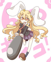  animal_ears blonde_hair bullet cosplay female kirisame_marisa long_hair monomi_(nasdai) new_super_marisa_land open_mouth rabbit_ears rabbit_girl rabbit_tail reisen_udongein_inaba reisen_udongein_inaba_(cosplay) smile solo tail touhou yellow_eyes 