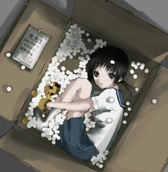  bad_id bad_pixiv_id black_hair blush box cardboard_box doll grey_eyes in_box in_container kaga_ai long_hair ponytail sanosuke sayonara_zetsubou_sensei school_uniform serafuku socks solo styrofoam vader_(n.r.t.a.) 