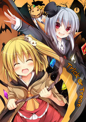  3girls :d ^_^ alternate_costume blonde_hair closed_eyes commentary_request crescent flandre_scarlet grey_hair halloween jack-o&#039;-lantern looking_at_viewer masa_(miyabitei) multiple_girls oerba_yun_fang open_mouth patchouli_knowledge purple_hair red_eyes remilia_scarlet smile touhou wings 