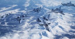  3d ace_combat ace_combat_x aircraft airplane commentary_request fighter_jet fleet flying highres jet macross macross_vf-x2 military military_vehicle mountain no_humans parody photo_background realistic science_fiction snow u.n._spacy variable_fighter vehicle_focus vf-22 yellow_man 