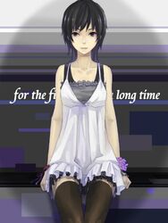  bad_id bad_pixiv_id black_eyes black_hair copyright_request crimsonseed female short_hair sitting solo thighhighs zettai_ryouiki 