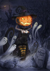  2012 =_= bad_id bad_pixiv_id breasts burunuu_(bullnukko) cleavage feline female ghost graveyard halloween hat jack-o&#039;-lantern medium_breasts moon night o3o original pumpkin pumpkin_hat solo striped_clothes striped_thighhighs thighhighs tombstone witch_hat 