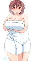  ahoge banned_artist breast_hold breast_suppress breasts brown_hair cleavage collarbone eno_konoe eyebrows highres huge_breasts looking_at_viewer mikomu naked_towel open_mouth original plump red_eyes short_hair solo thick_eyebrows thick_thighs thighs towel water_drop wavy_mouth wet white_background 