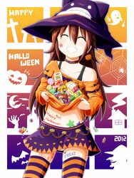  absurdres body_writing brown_hair candy closed_eyes commentary_request female food halloween happy_halloween hat highres long_hair navel original smile solo takamine_kokone takamine_tsukumo thighhighs trick_or_treat witch_hat 