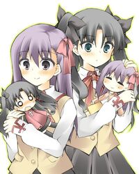  4girls absurdres akafuku_pukoemon bad_id bad_pixiv_id black_hair chibi fate/stay_night fate_(series) hair_ribbon highres homurahara_academy_school_uniform matou_sakura multiple_girls multiple_persona purple_hair ribbon school_uniform siblings sisters tohsaka_rin two_side_up 