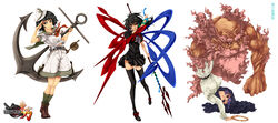  3girls anchor asymmetrical_wings black_hair black_thighhighs blue_eyes blue_hair cloud commentary_request eddie_(guilty_gear) green_eyes guilty_gear hat highres hood houjuu_nue kumoi_ichirin legs may_(guilty_gear) multiple_girls murasa_minamitsu parody photoshop_(medium) polearm robo-ky robo-ky_ii sailor sailor_collar sailor_hat short_hair style_parody thighhighs touhou trident unzan weapon wings yuukou zato-1 zettai_ryouiki 