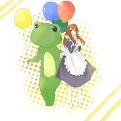  animal_costume asahina_mikuru balloon brown_eyes brown_hair commentary_request costume endless_eight female frog frog_costume long_hair maid official_alternate_costume shirase_(azure) suzumiya_haruhi_no_yuuutsu 