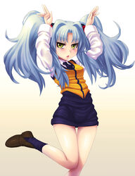  blue_hair blush commentary_request ebi_tendon female highres hoshino_ruri kidou_senkan_nadesico leg_up long_hair necktie photoshop_(medium) rabbit_pose skirt solo twintails uniform yellow_eyes 