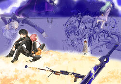  6+boys 6+girls aged_down amber_(darker_than_black) animal anti-materiel_rifle april_(darker_than_black) aqua_hair arm_support back-to-back bad_id bad_pixiv_id bandage_over_one_eye bandages barefoot black_hair bolt_action boots braid can choker closed_eyes coat coon_hat darker_than_black dress drinking everyone facial_hair formal glasses gun hair_ribbon hat hazuki_mina_(darker_than_black) hei_(darker_than_black) holding_hands july_(darker_than_black) kirihara_misaki lolicon looking_back mikhail_pavlichenko moustache multiple_boys multiple_girls nika_lobanov object_on_head one_eye_closed pantyhose petya_(darker_than_black) ponytail profile ptrd-41 purple_eyes red_hair ribbon rifle running shion_pavlichenko shizume_genma short_hair single_braid sitting skirt smile sniper_rifle squirrel suit suou_pavlichenko sword tanya_(darker_than_black) tozai upside-down weapon yin_(darker_than_black) 