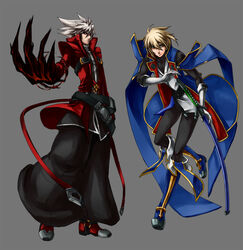  2boys belt black_pants blazblue blonde_hair blue_footwear boots commentary_request gloves green_eyes jin_kisaragi male_focus multiple_boys pants photoshop_(medium) ragna_the_bloodedge soojie_roh sword weapon white_hair yukianesa 