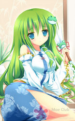  bad_id bad_pixiv_id blue_eyes blush breasts detached_sleeves dress female frog_hair_ornament frown gohei green_hair hair_ornament kochiya_sanae large_breasts long_hair nanairo_fuusen snake_hair_ornament solo thighs touhou 