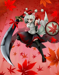  animal_ears armpits black_thighhighs commentary_request detached_sleeves female fighting_stance geta grimace hat highres huge_weapon inubashiri_momiji leaf red_eyes shield short_hair skirt solo sword tail tengu-geta thighhighs tokin_hat touhou weapon white_hair wolf_ears wolf_tail yukichi_(bancho99) 