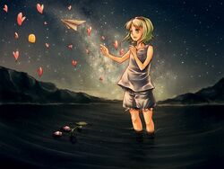  bad_id bad_pixiv_id bird campanella_(vocaloid) chick female flower goggles goggles_on_head green_hair gumi heart mountain night open_mouth outdoors paper_airplane ripples smile solo star_(symbol) vocaloid water yadori 