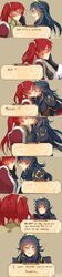  2girls blue_eyes blue_hair blush couple fire_emblem fire_emblem:_kakusei heart kissing lucina multiple_girls red_eyes red_hair serena_(fire_emblem) shield yuri 