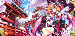  animal_ears bell blue_sky blush cherry_blossoms commentary_request day detached_sleeves female fox_ears fox_mask fox_tail green_eyes japanese_clothes lantern long_sleeves mask md5_mismatch oil-paper_umbrella open_mouth original petals photoshop_(medium) resolution_mismatch shirokitsune shiroro short_hair shrine sitting sky solo source_larger tail tree umbrella wide_sleeves 