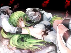  armpits blush breasts c.c. claws code_geass commentary_request cosplay creayus detached_sleeves dress female green_hair kantai_collection large_breasts long_hair looking_at_viewer lying on_back ribbed_dress ribbed_sweater seaport_princess seaport_princess_(cosplay) short_dress sideboob solo sweater sweater_dress yellow_eyes 