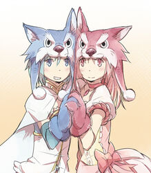  2girls animal_hands animal_hat blue_eyes blue_hair cape cheek-to-cheek choker commentary_request gmork grin hair_down hat heads_together holding_hands interlocked_fingers kaname_madoka kaname_madoka_(magical_girl) magical_girl mahou_shoujo_madoka_magica mahou_shoujo_madoka_magica_(anime) miki_sayaka miki_sayaka_(magical_girl) multiple_girls pink_eyes pink_hair smile 