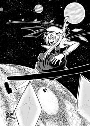  commentary_request female flandre_scarlet foreshortening greyscale hat highres karu_(ishiken) monochrome one_eye_closed sharp_teeth side_ponytail solo space teeth touhou wings 