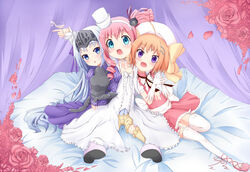  3girls absurdres bed blue_eyes chris_(kore_wa_zombie_desu_ka?) eucliwood_hellscythe haruna_(kore_wa_zombie_desu_ka?) highres kore_wa_zombie_desu_ka? long_hair multiple_girls open_mouth pink_hair purple_eyes sitting smile 