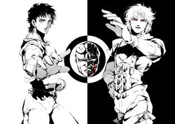  2boys birthmark blood blood_on_face commentary_request cowboy_shot dio_brando ear_birthmark fangs foreshortening green_eyes greyscale hand_on_own_hip inverted_colors jojo_no_kimyou_na_bouken jonathan_joestar male_focus mochikin_(jijijin) monochrome multiple_boys orange_eyes phantom_blood split_screen spot_color stone_mask_(jojo) tongue wristband 