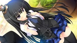  black_hair eufonie game_cg hat koiken_otome long_hair minato_shiho purple_eyes skirt tateha thighhighs 