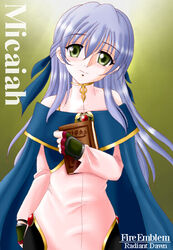  bare_shoulders black_pantyhose blue_cape book cape character_name commentary_request copyright_name detached_sleeves dress female fingerless_gloves fire_emblem fire_emblem:_radiant_dawn gloves grey_hair hair_ribbon half_updo hissaa_(starlight_express) holding holding_book hugging_book hugging_object long_hair long_sleeves looking_at_viewer micaiah_(fire_emblem) pantyhose partial_commentary pink_dress purple_gloves ribbon side_slit smile solo turtleneck turtleneck_dress yellow_eyes 