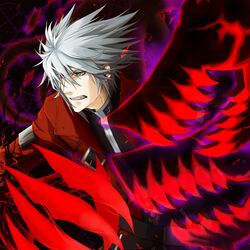  1boy bad_id bad_pixiv_id blazblue collair_(cono) devoured_by_darkness green_eyes heterochromia male_focus ragna_the_bloodedge red_eyes solo spiked_hair white_hair 