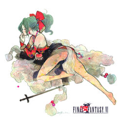  ass barefoot bow bracelet bridal_gauntlets commentary_request copyright_name earrings feet female final_fantasy final_fantasy_vi finger_in_own_mouth graphite_(medium) green_hair hairbow jewelry legs little_thunder logo necklace painting_(medium) pantyhose photoshop_(medium) ponytail soles solo sword terra_branford toes traditional_media watercolor_(medium) weapon 