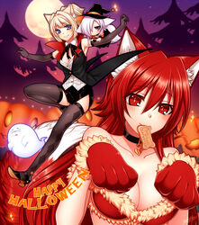  3girls aika_(konshin) animal_ears animal_hands bare_shoulders blonde_hair blue_eyes breasts chibi cleavage commentary_request elbow_gloves fox_ears fox_tail full_moon fur_trim gloves halloween happy_halloween hat konshin long_hair medium_breasts moon mouth_hold multiple_girls oerba_yun_fang opera_the_vermelho original paw_gloves phantasy_star phantasy_star_online_2 pixiv_fantasia pixiv_fantasia_sword_regalia protagonist_(pso2) purple_eyes red_eyes red_hair short_hair tail thighhighs white_hair witch_hat wolf_ears wolf_tail zero_(konshin) 