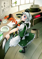  apron black_hairband black_pantyhose blue_eyes carrot carrot_slice commentary_request female grey_hair hairband highres kitchen kitchen_knife knife konpaku_youmu pantyhose santoku_knife short_hair slippers solo spring_onion touhou yukichi_(bancho99) 