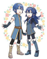  1boy aged_down ancestor_and_descendant blue_eyes blue_hair commentary_request female fingerless_gloves fire_emblem fire_emblem:_mystery_of_the_emblem fire_emblem_awakening gloves holding long_hair looking_at_viewer lucina_(fire_emblem) marth_(fire_emblem) menoko open_mouth smile super_smash_bros. 