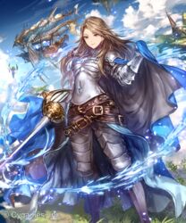  aircraft airship armor bad_id bad_twitter_id belt brown_eyes brown_hair cape cloud female granblue_fantasy grancypher_(granblue_fantasy) irua katalina_(granblue_fantasy) long_hair official_art rapier smile solo standing sword water watermark weapon 