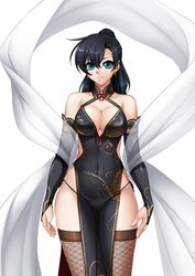  bare_shoulders black_dress black_hair blue_eyes breasts bridal_gauntlets china_dress chinadress chinese_clothes chinese_dress cleavage cleavage_cutout covered_navel curvy dress earrings female female fishnet_legwear fishnet_thighhighs fishnets fuuma_tokiko hair_between_eyes highres hoop_earrings jewelry kagami_hirotaka large_breasts legs long_hair looking_at_viewer ponytail revealing_clothes see-through shiny_skin simple_background smile solo standing taimanin_asagi taimanin_asagi_battle_arena wide_hips 