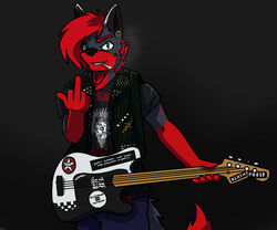  5_fingers anthro arrwulf bass_guitar black_body black_fur black_nose cigarette clothed clothing ear_piercing electric_guitar fender_jaguar fender_musical_instruments_corporation fingers freckles front_view fully_clothed fur gesture gloves_(marking) green_eyes grey_background grey_body grey_fur guitar hair hand_gesture heavy_metal holding_musical_instrument holding_object hyena looking_at_viewer male mammal markings middle_finger musical_instrument piercing plucked_string_instrument red_body red_fur red_hair shirt short_hair simple_background smile smoke smoking solo spotted_hyena string_instrument t-shirt teeth the_clash topwear vest 