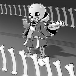  1:1 animated_skeleton anterior_nasal_aperture bodily_fluids bone clothing cubewatermelon footwear humanoid jacket male monochrome not_furry sans_(undertale) shoes skeleton slippers smile solo sweat sweatdrop topwear undead undertale undertale_(series) 