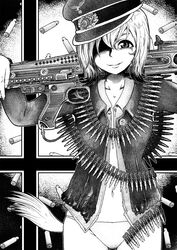  animal_ears bullet carrying dog_ears erica_hartmann female gun hat highres jacket machine_gun mg42 monochrome nazi panties peaked_cap strike_witches tail traditional_art traditional_media underwear weapon 