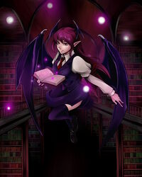  bat_wings black_thighhighs book bookshelf breasts commentary_request dress_shirt female flying head_wings hexagram highres juliet_sleeves koakuma library light_particles long_hair long_sleeves medium_breasts open_book pointy_ears puffy_sleeves red_eyes red_hair shirt skirt skirt_set solo thighhighs touhou vest voile white_shirt wings yukichi_(bancho99) zettai_ryouiki 