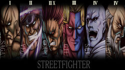  6+boys akuma_(street_fighter) beard blonde_hair capcom character_name column_lineup commentary_request copyright_name eyepatch facial_hair gill_(street_fighter) gouken grin highres m._bison moustache multiple_boys naoki_(endofcentury102) photoshop_(medium) red_eyes red_hair roman_numeral sagat seth_(street_fighter) smile street_fighter street_fighter_ii_(series) street_fighter_iii_(series) street_fighter_iv_(series) white_eyes white_hair 