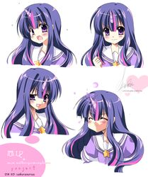  blush byruu character_sheet closed_eyes expressions female heart horn long_hair multicolored_hair my_little_pony my_little_pony_friendship_is_magic open_mouth personification purple_eyes purple_hair sailor_collar sakurano_tsuyu school_uniform serafuku signature solo star twilight_sparkle_(mlp) two-tone_hair watermark web_address white_background 