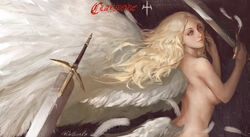  back blonde_hair breasts claymore_(series) commentary_request copyright_name feathers female from_behind highres large_breasts light_smile long_hair looking_back nude painterly photoshop_(medium) sideboob signature solo spoilers sword teresa_(claymore) weapon white_wings wings yinwoeren 