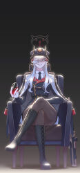  alcohol belt black_boots black_coat black_jacket black_necktie blue_archive boots brown_pantyhose bullpup coat coat_on_shoulders commentary_request crossed_legs cup demon_horns drinking_glass female full_body gloves green_eyes gun hair_over_one_eye halo hat highres holding holding_cup horns jacket knee_boots long_hair looking_at_viewer makoto_(blue_archive) necktie on_chair one_eye_covered pantyhose partial_commentary peaked_cap pointy_ears red_machine rifle shirt sitting smile sniper_rifle solo very_long_hair walther walther_wa_2000 weapon white_gloves white_shirt wine wine_glass 