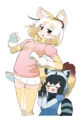  2girls animal_ears black_bow black_bowtie black_gloves blonde_hair blue_sweater blush bow bowtie brown_eyes closed_eyes common_raccoon_(kemono_friends) cowboy_shot elbow_gloves extra_ears fennec_(kemono_friends) fluffy_tail fox_ears fox_girl fox_tail fur_trim gloves gradient_gloves grey_gloves hair_between_eyes highres iwa_(iwafish) kemono_friends multiple_girls open_mouth pink_sweater pleated_skirt puffy_short_sleeves puffy_sleeves raccoon_ears raccoon_girl raccoon_tail short_hair short_sleeves sidelocks skirt sweater tail thighhighs white_fur white_hair white_skirt yellow_bow yellow_bowtie yellow_gloves yellow_thighhighs zettai_ryouiki 