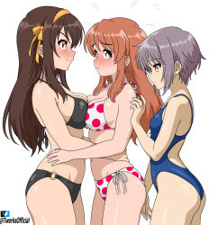  3girls absurdres asahina_mikuru ass bikini black_bikini blue_one-piece_swimsuit blush breast_press breasts brown_eyes brown_hair closed_mouth cowboy_shot english_commentary from_side grey_hair hair_ribbon halterneck highres hug long_hair looking_at_another medium_breasts multiple_girls nagato_yuki navel o-ring o-ring_bikini one-piece_swimsuit polka_dot polka_dot_bikini profile racerback ribbon short_hair side-tie_bikini_bottom small_breasts suzumiya_haruhi suzumiya_haruhi_no_yuuutsu swimsuit symmetrical_docking t-works twitter_logo twitter_username white_bikini yellow_ribbon yuri 