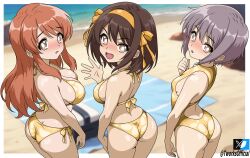  absurdres asahina_mikuru ass beach beach_towel bikini blush breasts brown_eyes brown_hair butt_crack cowboy_shot day english_commentary from_behind gold_bikini gold_one-piece_swimsuit grey_hair hair_ribbon halterneck hand_up highres large_breasts long_hair looking_at_viewer looking_back medium_breasts medium_hair nagato_yuki ocean one-piece_swimsuit open_mouth outdoors ribbon sand shore short_hair side-tie_bikini_bottom small_breasts suzumiya_haruhi suzumiya_haruhi_no_yuuutsu swimsuit t-works towel twitter_logo twitter_username water waving yellow_ribbon 