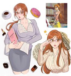  1girls adjusting_glasses artist_name bangs bespectacled big_breasts bleach blue_flower blue_flowers blush breasts busty buttoned_shirt carrying_books cleavage coffee collared_shirt donut doughnut dress_shirt ear_piercing ear_stud earrings facing_viewer female flower_hair_accessory flower_hair_ornament ginger ginger_hair glasses gray_skirt grey_skirt hair_accessory hair_ornament hair_over_shoulder hand_on_glasses holding_book inoue_orihime layered_sleeves lips lipstick lipstick_(object) lipstick_tube long_fingernails long_hair long_nails long_sleeves looking_at_viewer low_ponytail luvlyroseve multiple_outfits multiple_poses nail_polish nail_polish_bottle newspaper office_lady open_mouth orange_eyes orange_hair painted_fingernails painted_nails parted_bangs pencil_skirt pink_glasses pink_lips pink_lipstick pocket_mirror ponytail portrait purple_topwear red_fingernails red_nails reference_image saucer sidelocks skirt striped_clothing striped_shirt striped_topwear teeth tight_clothing tight_skirt twitter_username upper_body vertical-striped_shirt vertical_stripes 